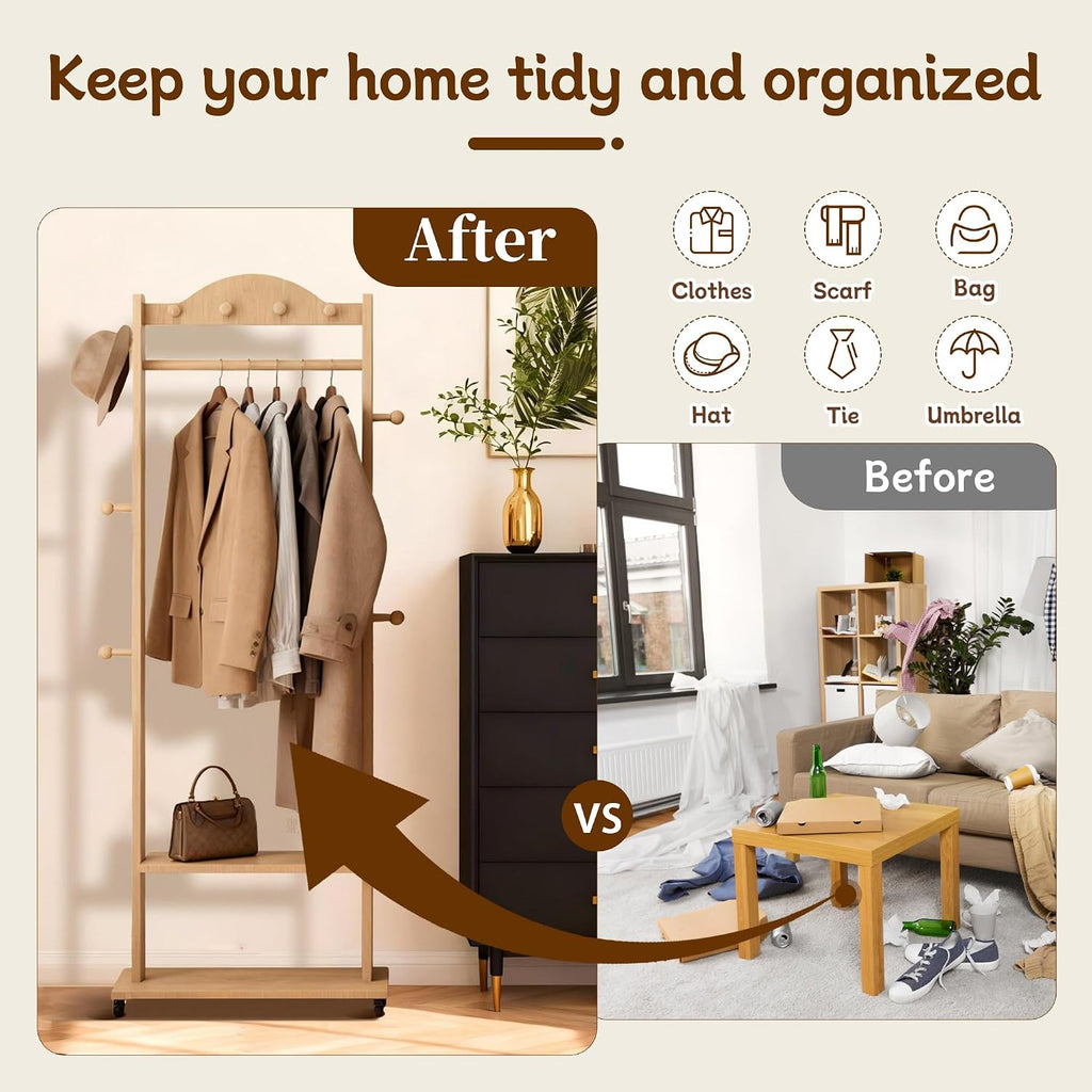 High-Grade Rubber Wood Coat Rack, Easy To Assemble, With 9 side hooks,With 2 partitions, Mobile Rollers, Multifunctional Coat Rack Suitable for Suitable for hanging clothes, hats,storing shoes.