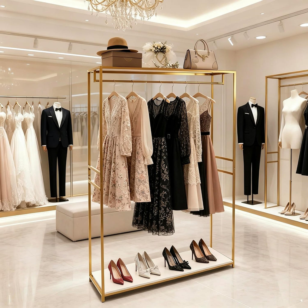 75' Tall Gold Clothing Garment Rack Boutique Retail Display Stand | W/ 2 Wood Shelf Clothes Wedding Dressr Racks for Hanging Long Dresses, Closet Wardrobe Shoes Bags Hats Clothes Organizer