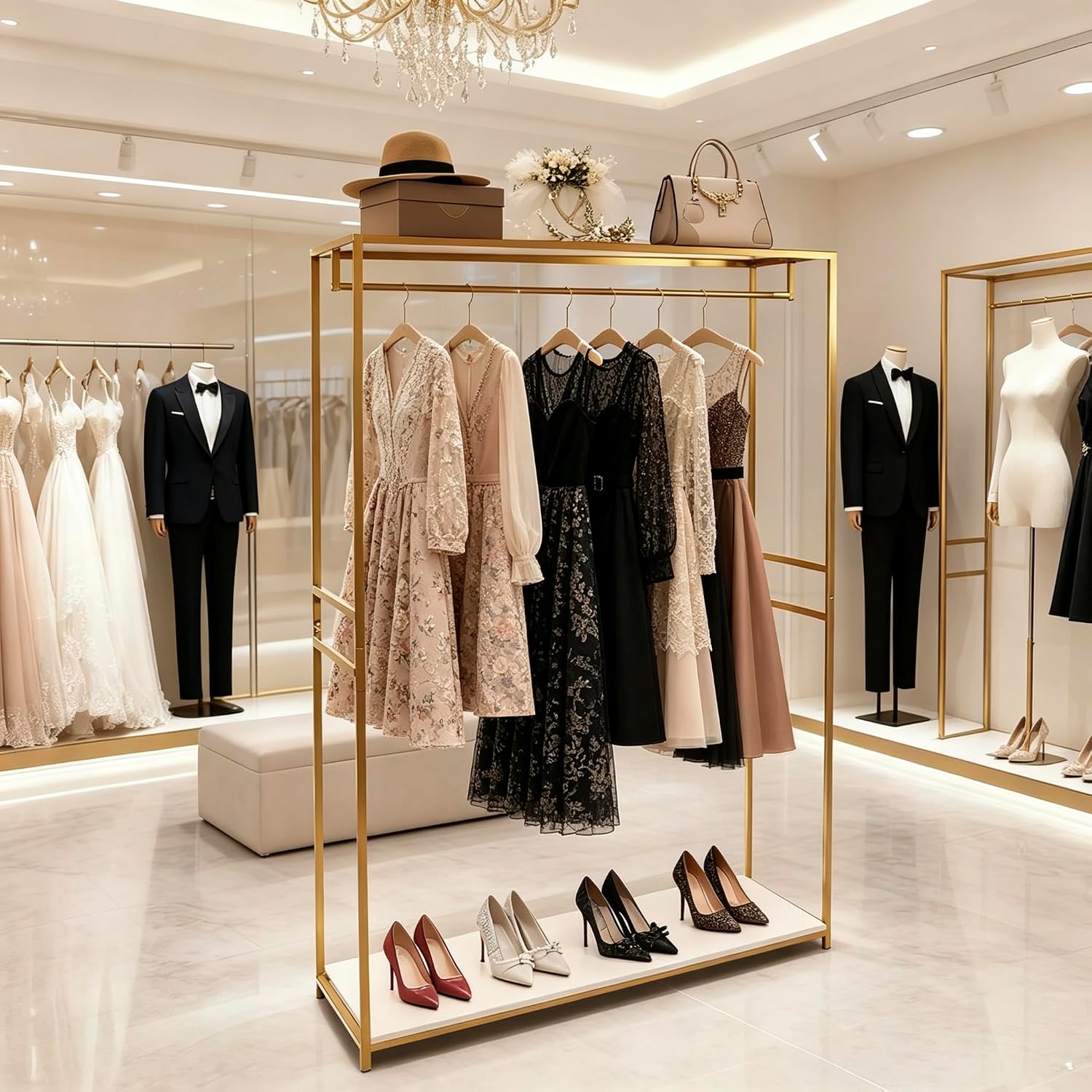 75' Tall Gold Clothing Garment Rack Boutique Retail Display Stand | W/ 2 Wood Shelf Clothes Wedding Dressr Racks for Hanging Long Dresses, Closet Wardrobe Shoes Bags Hats Clothes Organizer