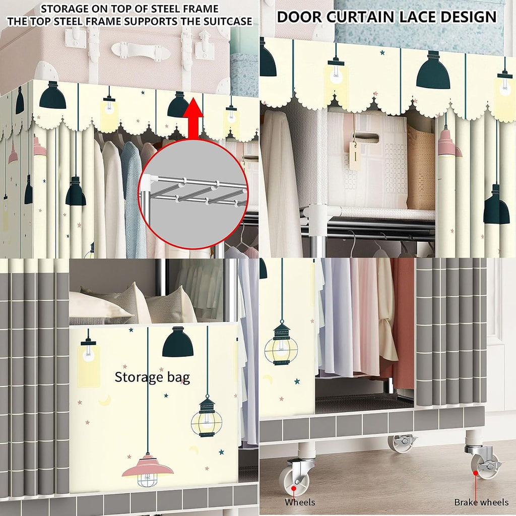 Rolling Clothes Rack with Cover for Bedroom Portable Wardrobe Closet for Hanging Clothes Freestanding Garment Rack with Wheels, Rod and Shelves(B)