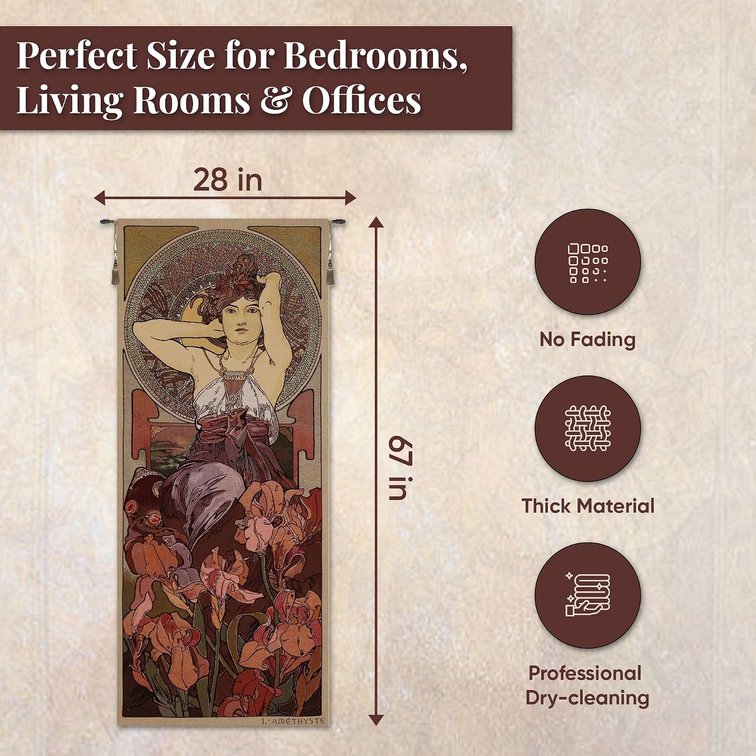Charlotte Home Furnishings Inc - Mucha Amethyste Stone Belgian Premium Tapestry Wall Hanging | 67x28 in Viscose Polyester Blend Boho Vintage Woven Wall Tapestry for Home & Wall Art by Alphonse Mucha
