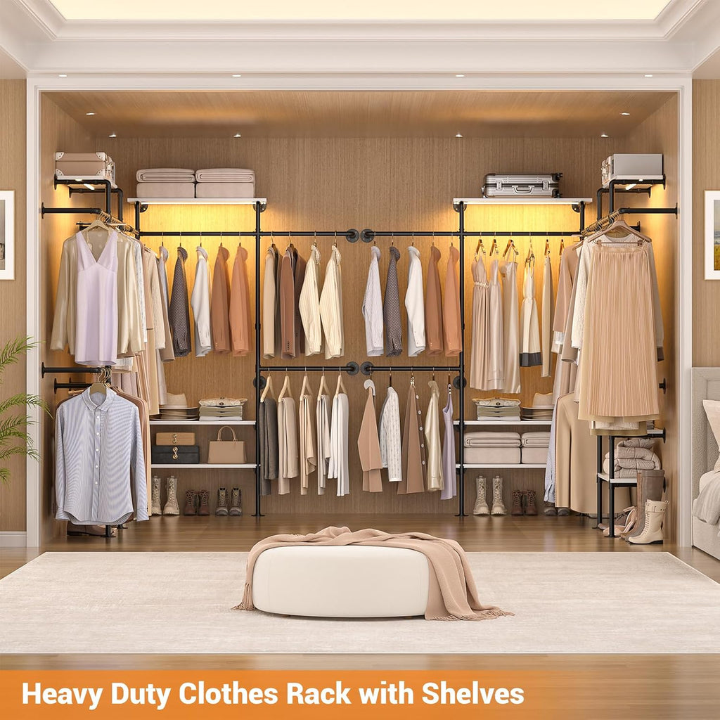 Cyclysio Industrial Pipe Clothing Rack, Reversible 7.25FT Wall Mounted Clothes Rack, Heavy Duty Garment Racks Closet Wardrobe with LED Lights& Shelves, Walk-in Closet System, White