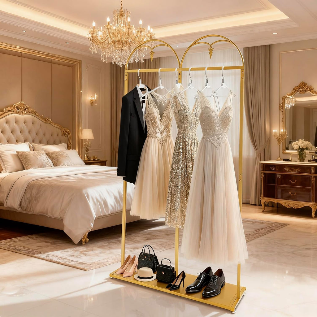 88' Tall Gold Clothing Garment Rack Hanging Long Dresses Racks | Double Rod Bridal Clothes Wedding Dress Rack Gown Shoes Bags Clothes Organizer for Home Boutique Retail Studio