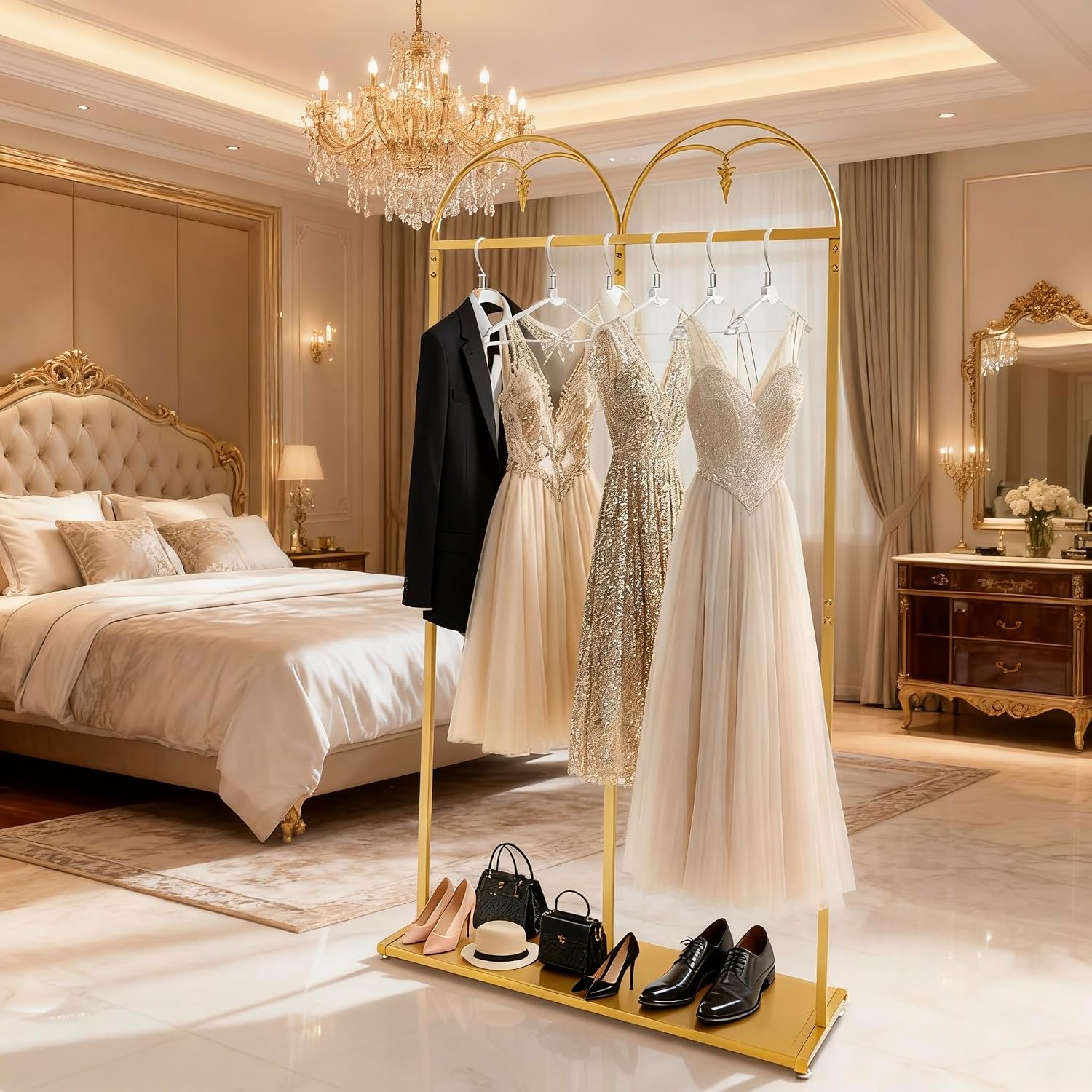 88' Tall Gold Clothing Garment Rack Hanging Long Dresses Racks | Double Rod Bridal Clothes Wedding Dress Rack Gown Shoes Bags Clothes Organizer for Home Boutique Retail Studio