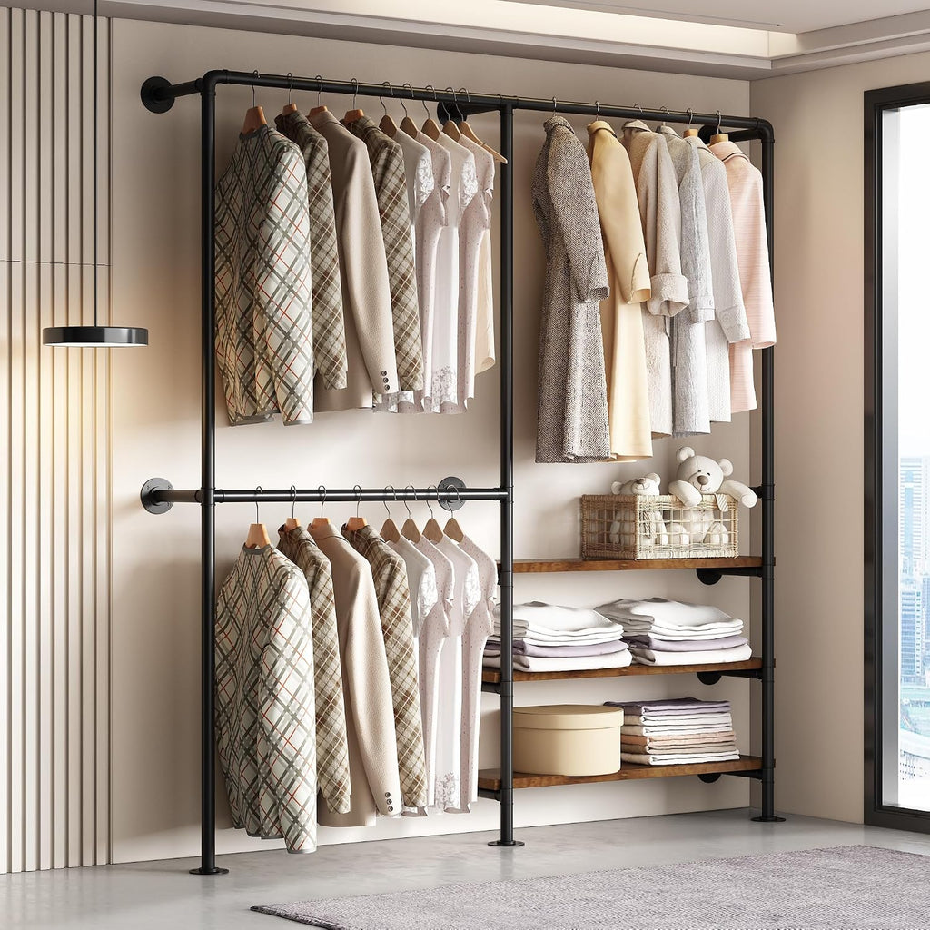 Industrial Pipe Clothes Rack, Wall Mounted Clothing Rack with Shelves, Heavy Duty Closet Organizers Wardrobe Multi-Purpose Storage Clothes Hanging Shelf-70.8''L Black