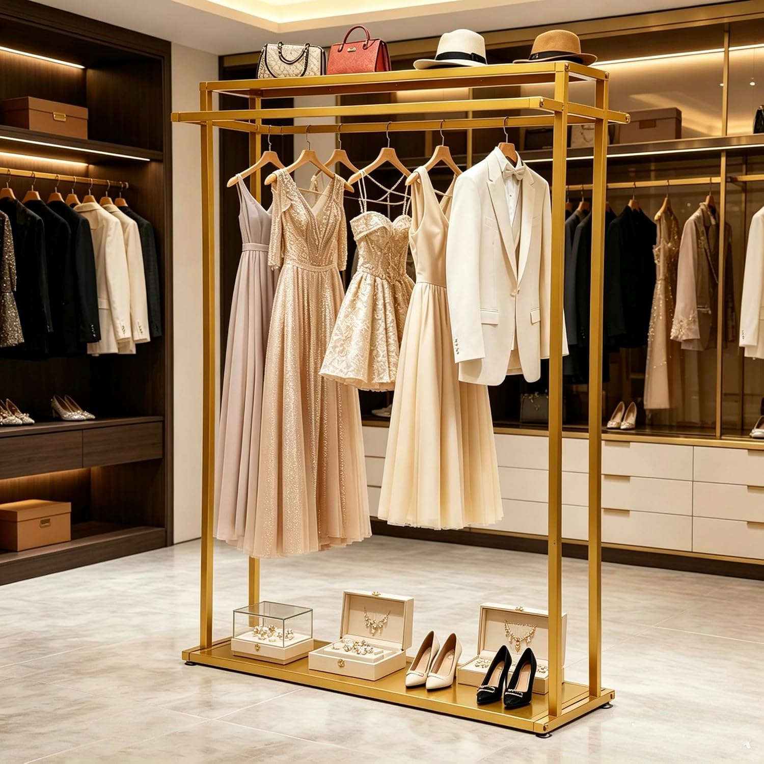 Double Rod Gold Clothing Garment Rack Dresses Display W/ 2 Shelves | Heavy Duty Boutiques Retail Display Stand Wedding Dress Racks for Hanging Long Dresses, Shoes Bags Clothes Organize