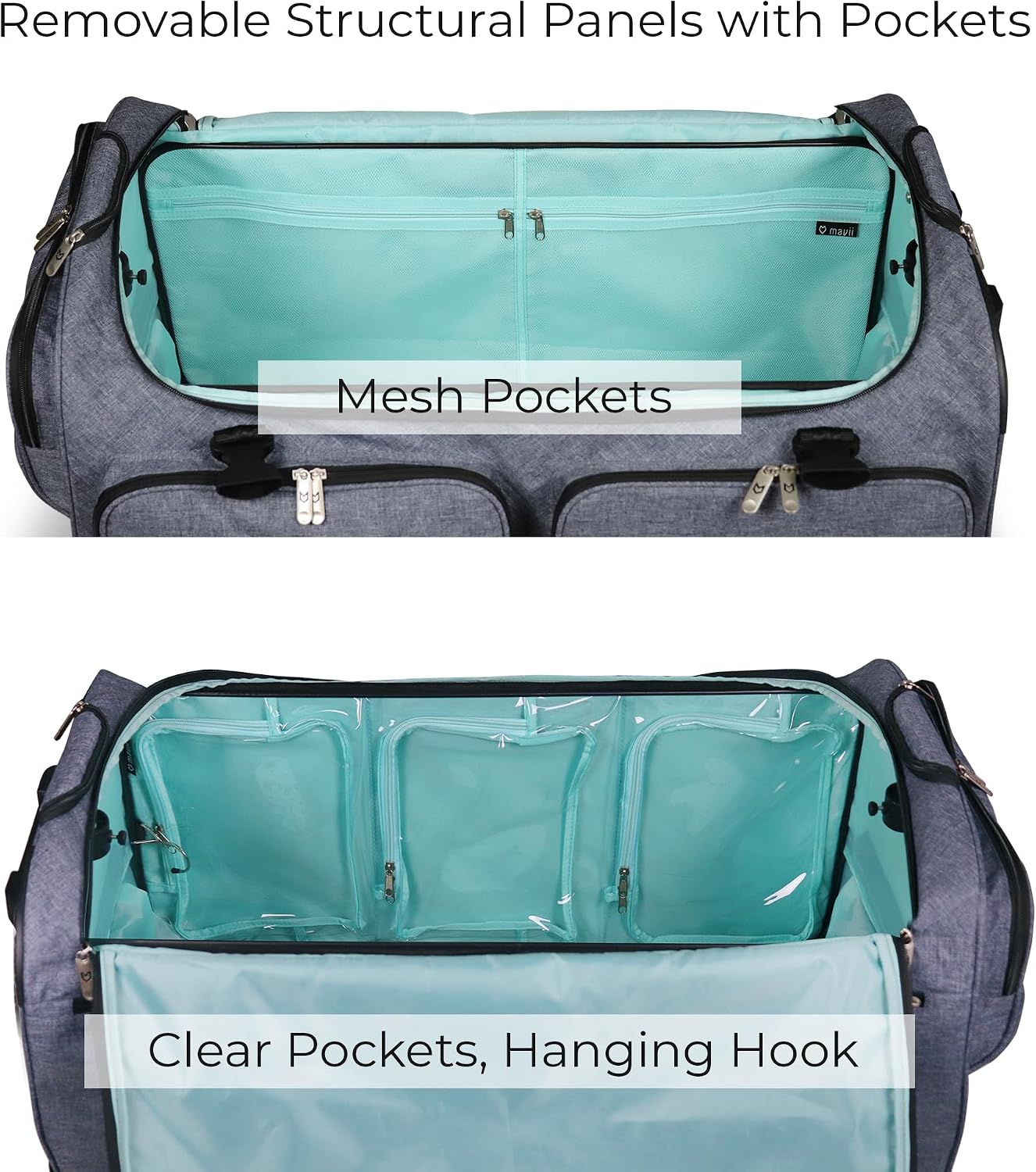 Mavii Deluxe Dance Bag with Garment Rack, 28 Inch Rolling Duffel for Competitions & Travel, Patent-Pending Stability Frames, Lightweight Aluminum Rack, Wheeled Upright Luggage, Heathered Gray