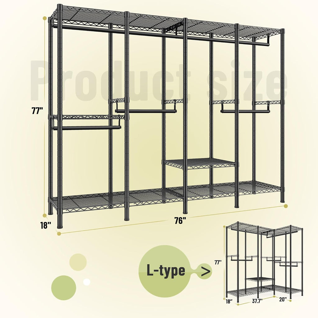 Raybee Clothes Rack for Hanging Clothes,Clothing Rack with Shelves,Portable Closet,Adjustable,76' W x 77' H x 18' D,Max Load 1150lbs,Black