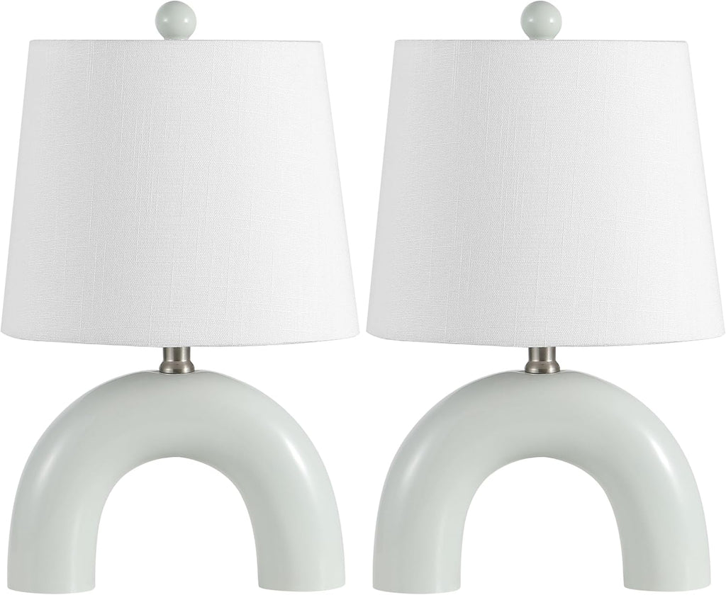 JONATHAN Y 17.75' Blue Gray Modern Ceramic Arch Table Lamp Set of 2 for Bedroom, Scandinavian Minimalist Bedside Lamps with White Linen Shade, LED Bulbs Included (JYL5503B-SET2)