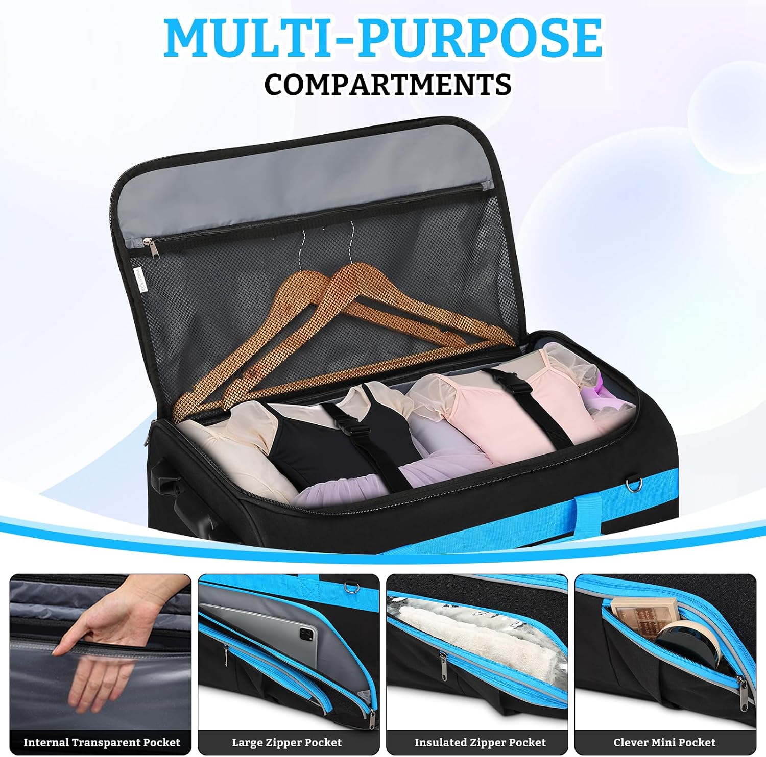 Dance Bag with Garment Rack - 28 Inch Professional Dance Competition Duffle Bag with Rack - Wheeled Dance Suitcase with Multiple Pockets for Dancers, Athlete, Travelers, and Livestreamer