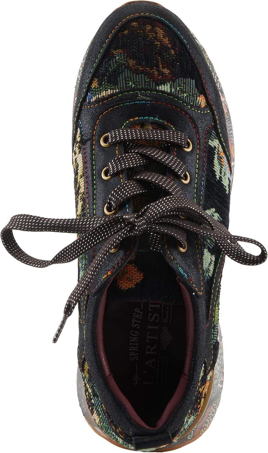 L'Artiste INVIDIA Women's Platform Sneaker – Metallic Leather & Tapestry Lace-Up with Rainbow Stitching