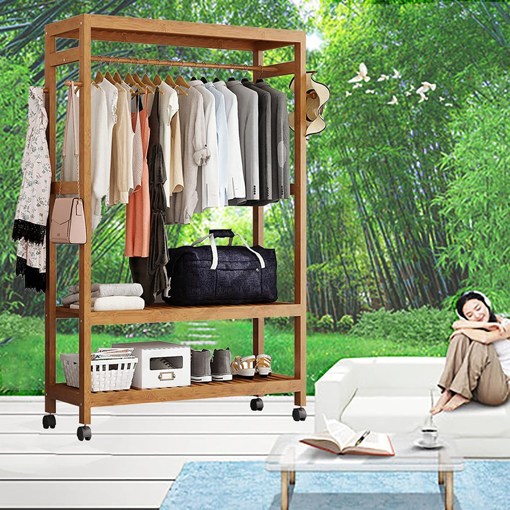 Garment Rack with 2 Tier Storage Shelves,Hanging Rack Bamboo Garment Rack,with Wheels,for Clothes, Shirts, Bags, Scarves, Pants, Shoes, Storage Boxes