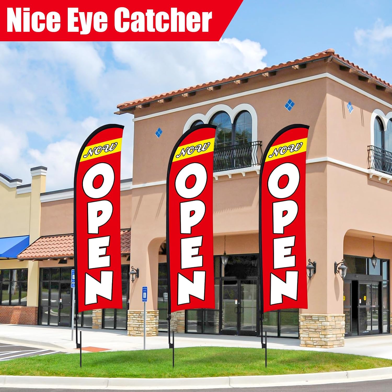 Buryeah 3 Sets Now Open Feather Flag Pole Kit 15 ft for Business Advertising Open Flag Banner Sign with Pole Kit Ground Stake and Portable Bag for Outside Ground
