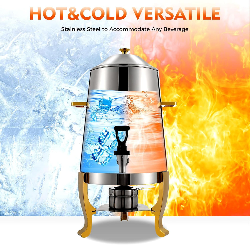13L Coffee Urn and Hot Beverage Dispenser with Fuel Holder & Heating board, 3.4 Gallon Stainless Steel Drink Dispenser for Hot Drinks, Hot Water Urn for Catering (Silver+Gold)
