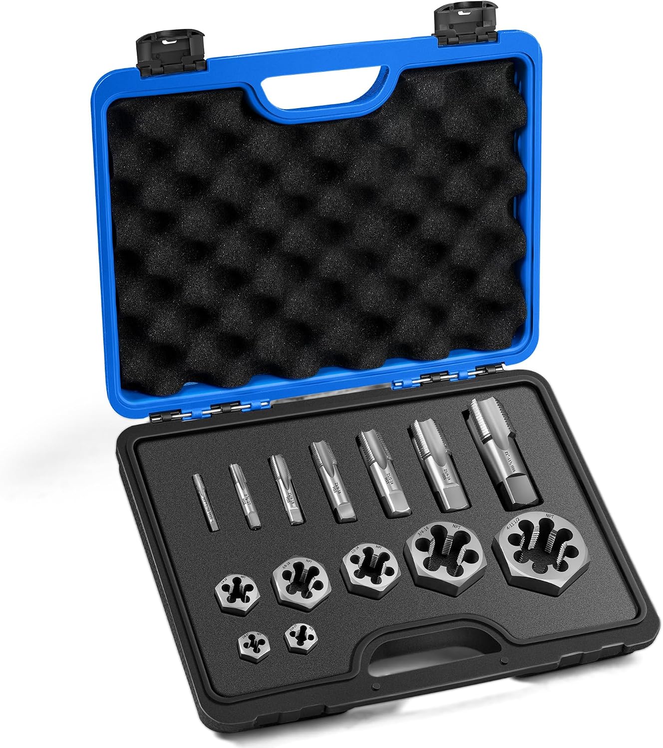 NPT Pipe Tap and Die Set, Hex Die Set 1/16', 1/8', 1/4', 3/8', 1/2', 3/4' and 1', 15pcs High Speed Steel Taps Carbon Steel Dies