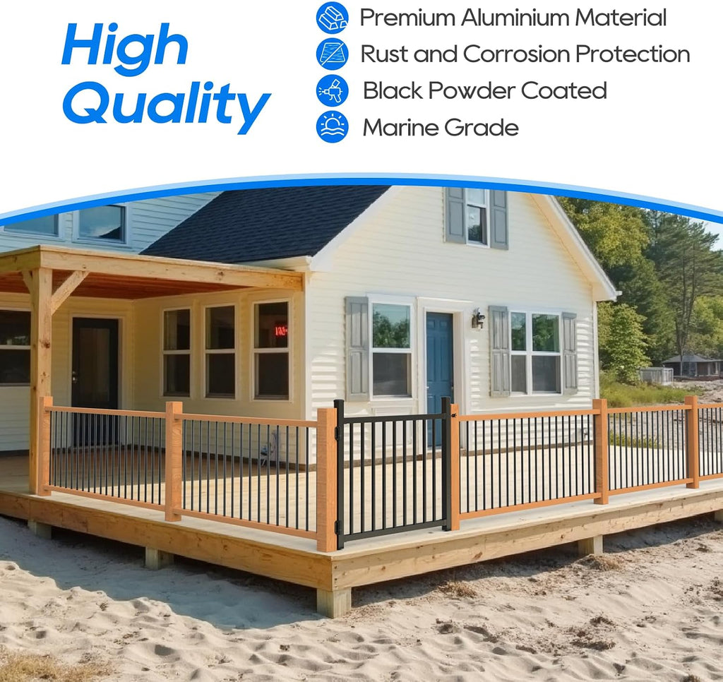 36'x45' Aluminum Gate with Self-Closing Hinges,Square Tube 3/4' pickets, Adjustable Width Black Powder Coated Deck gate Kits Incl. Hinges Latch for Deck Railing Patios Gardens Indoor Outdoor