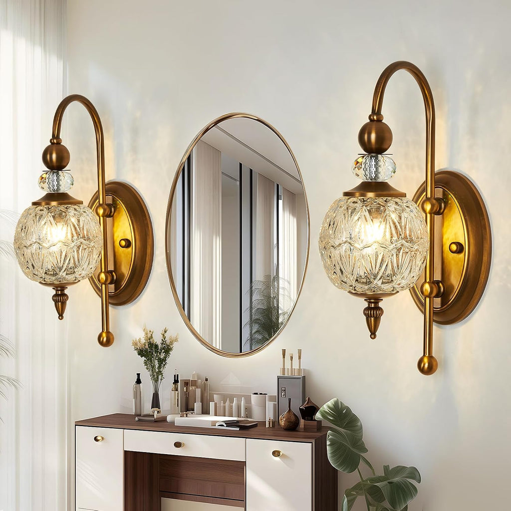 Piepooye Vintage Gold Wall Sconce Set of Two Mid Century Brushed Brass with Glass Globe Shade Vanity Light Indoor G9 Bulb Wall Light for Bathroom Farmhouse Bedroom Living Room Hallway