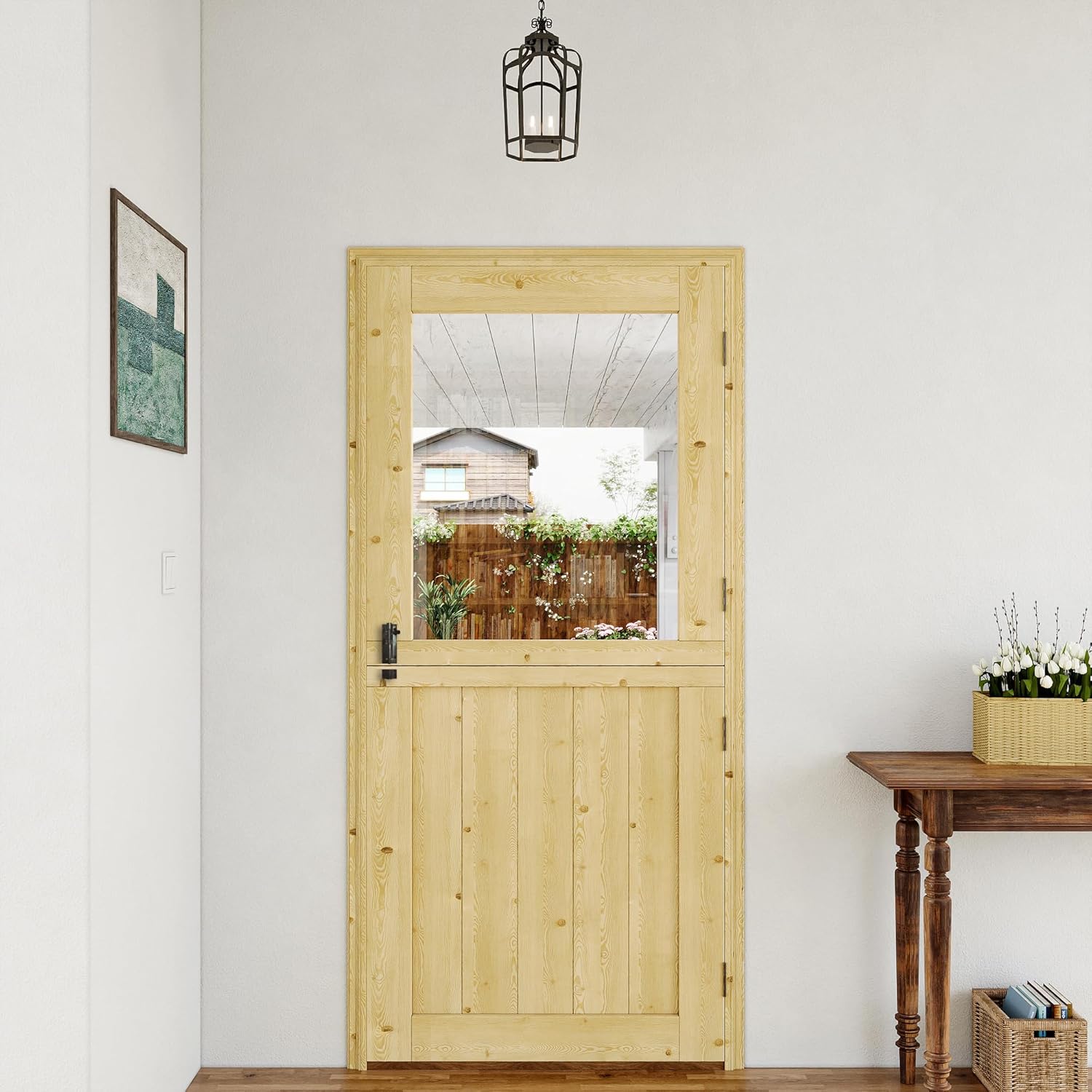 Interior & Exterior Dutch Door Slab, 30' x 80', Universal Tempered Clear Glass Split Single Doors, Solid Core Home Door, Natural Pine Wood - with 4 Black Hinges & 1 Latch, Without Jamb