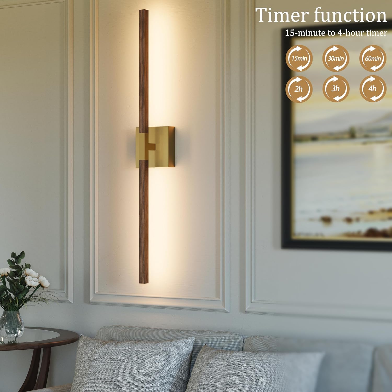 Rayogale Gold Walnut Rechargeable Wall Sconce with Remote Control 36 Inch | 3000/4500/6000K Dimmable 8000mAh Wireless Battery Operated Wall Sconces Set of Two with Timer for Living Room, Bedroom, TV