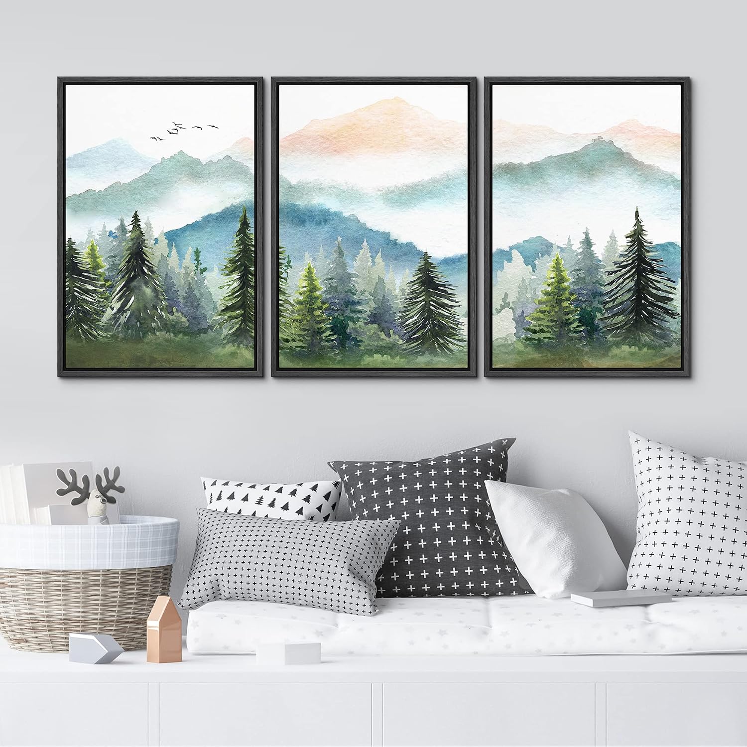 MUDECOR Framed Canvas Print Wall Art Set Watercolor Pastel Mountain Range Pine Tree Forest Nature Wilderness Illustrations Modern Art Floral Cozy for Living Room, Bedroom, Office - 24'x36'x3 Black