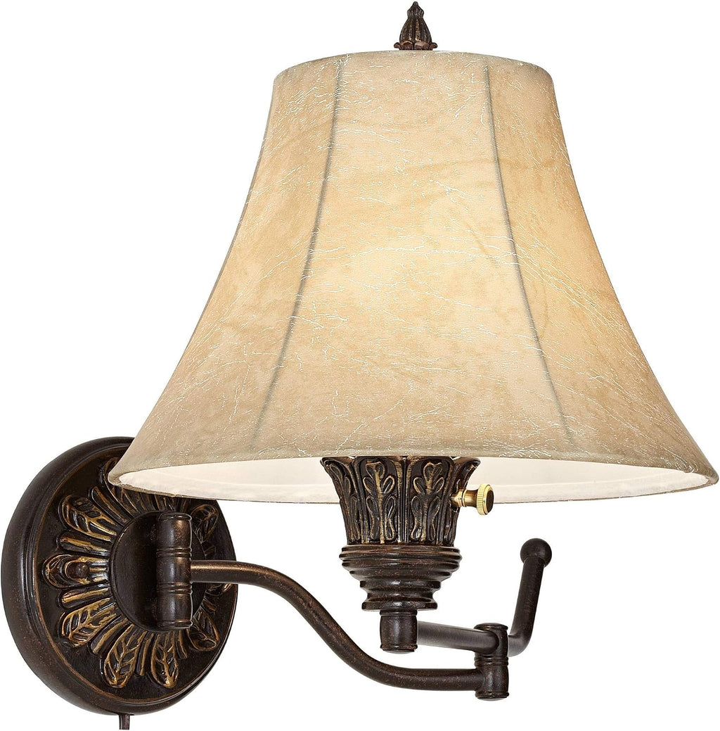 Barnes and Ivy Rosslyn Rustic French Country Swing Arm Wall Lamps Set of 2 Bronze Plug-in Light Fixture Faux Leather Bell Shade for Cottage Core Bedroom Bedside House Reading Living Room Home Dining