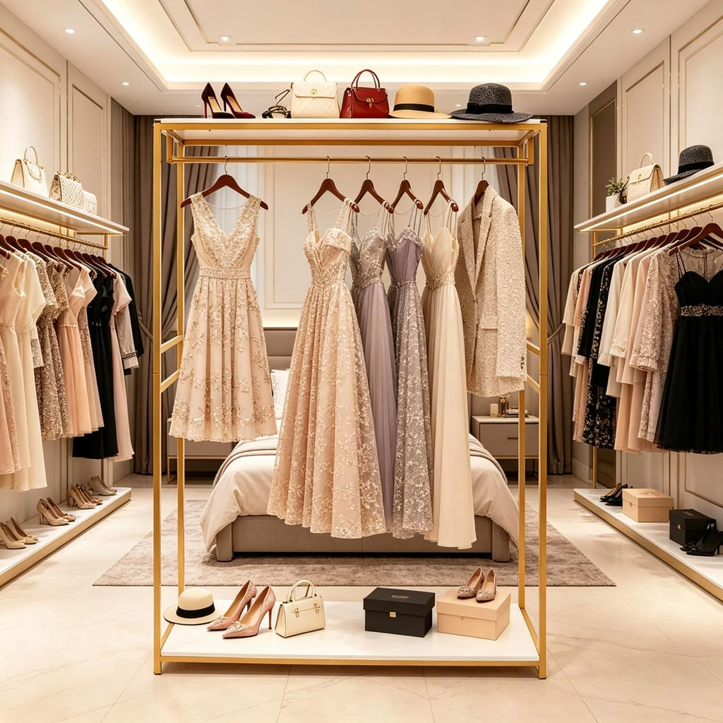 75' Tall Gold Clothing Garment Rack Boutique Retail Display Stand | W/ 2 Wood Shelf Clothes Wedding Dressr Racks for Hanging Long Dresses, Closet Wardrobe Shoes Bags Hats Clothes Organizer