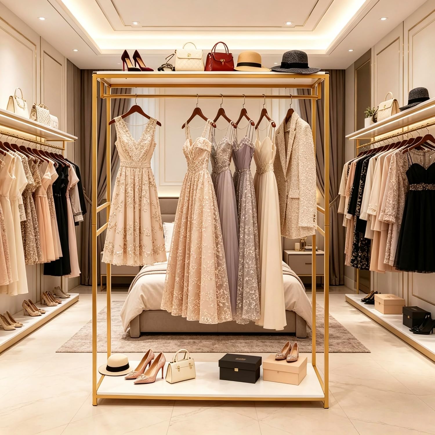 75' Tall Gold Clothing Garment Rack Boutique Retail Display Stand | W/ 2 Wood Shelf Clothes Wedding Dressr Racks for Hanging Long Dresses, Closet Wardrobe Shoes Bags Hats Clothes Organizer