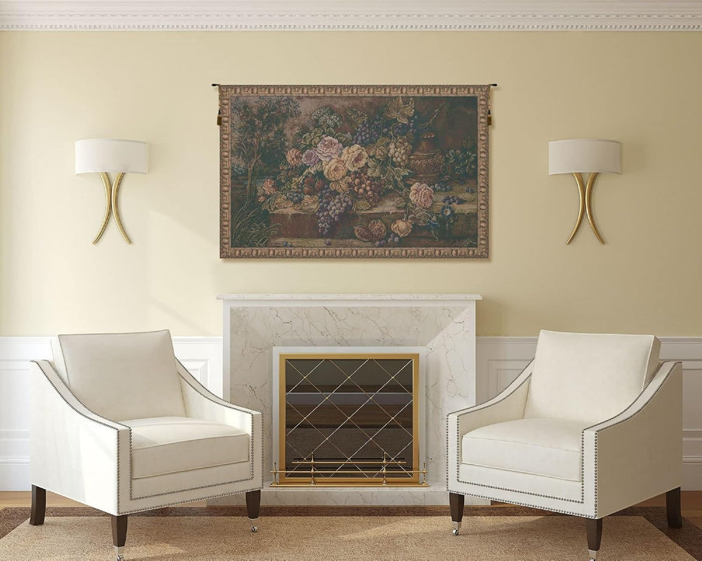 Charlotte Home Furnishings 4554-6441 Bouquet With Grapes Green Tapestry Cushion Wall Hanging - Green44; H 24 x W 42