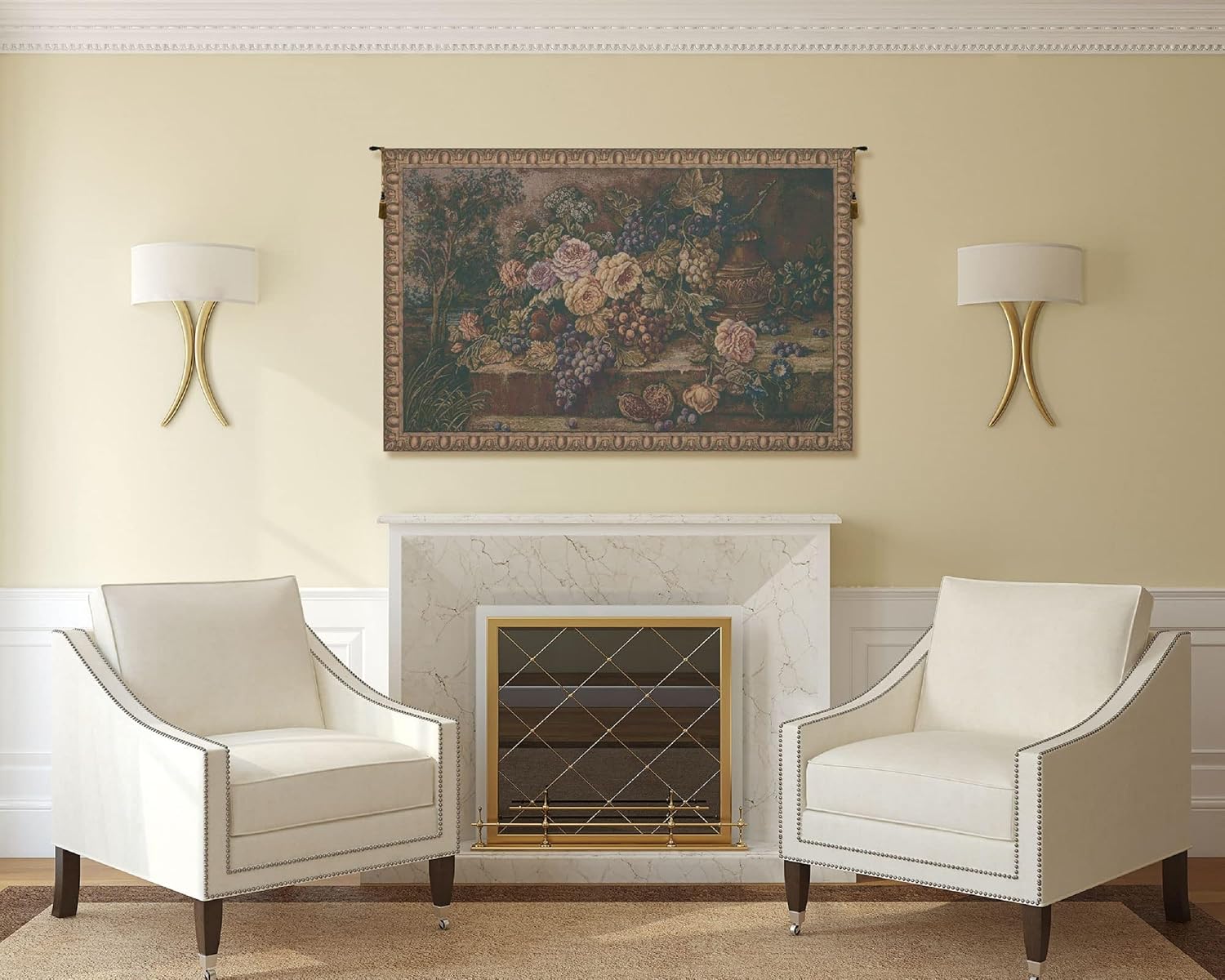 Charlotte Home Furnishings 4554-6441 Bouquet With Grapes Green Tapestry Cushion Wall Hanging - Green44; H 24 x W 42