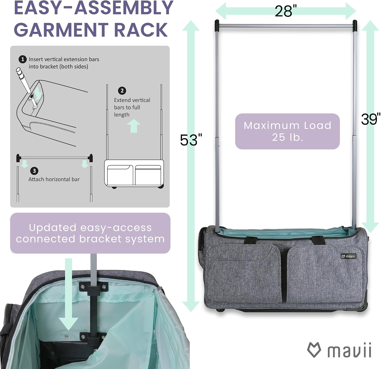 Mavii Dance Bag with Garment Rack - Wheeled 28 Inch Collapsible Travel Bag, Rolling Garment Rack Luggage, Gray