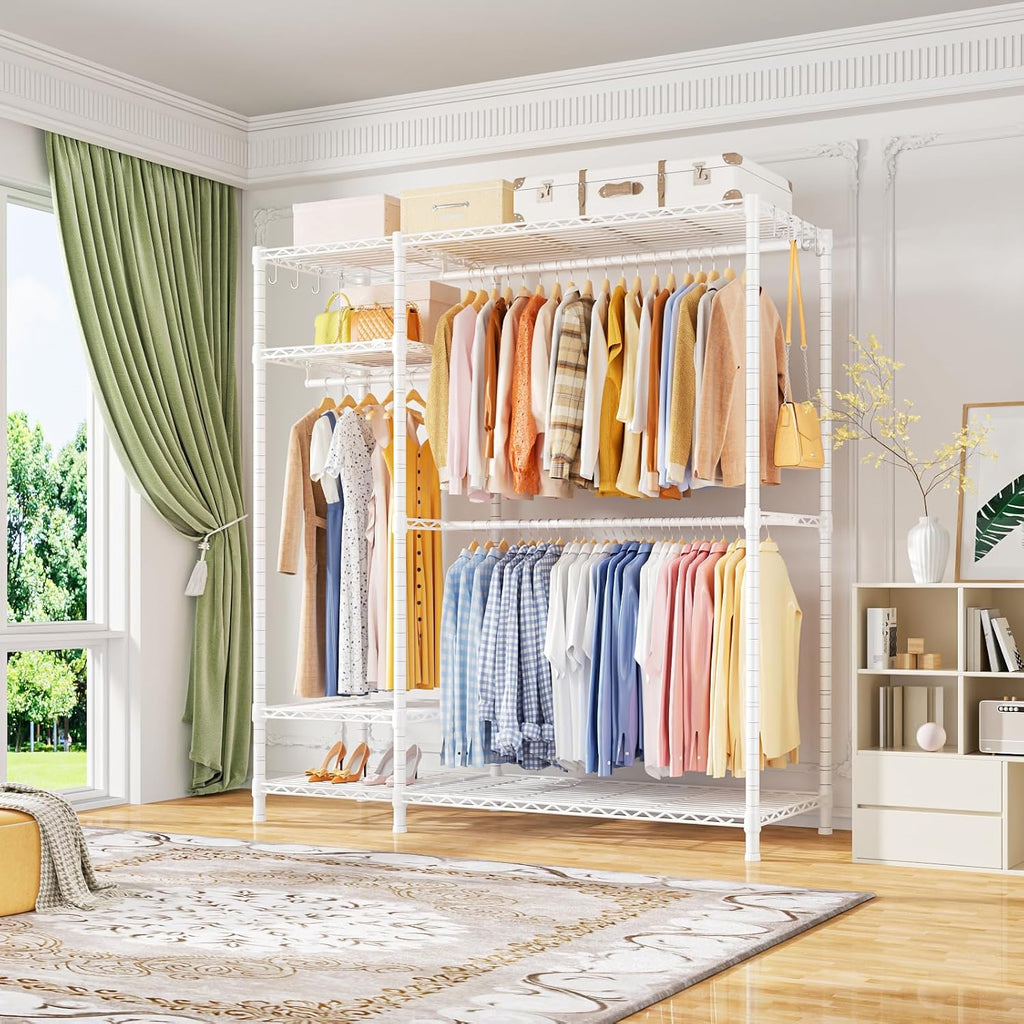 Ulif F7 Garment Rack, Heavy Duty Clothes Rack, Clothing Racks for Hanging Clothes, 6-Tiers Freestanding Portable Closet Storage Rack 58'' W × 14.6'' D × 76.6'' H, Max Load 800 Lbs, White