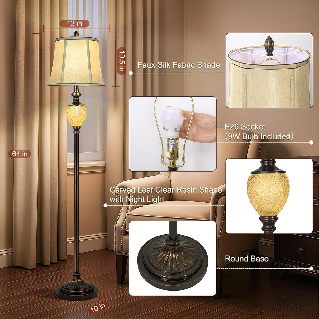 Vintage Farmhouse Lamp Set, 3-Piece Bundle, Includes 2 Table Lamps (27') and 1 Floor Lamp (64') with Faux Silk Shades, USB Charging Ports & Night Lights, for Living Room, Bedroom (Bulbs Included)