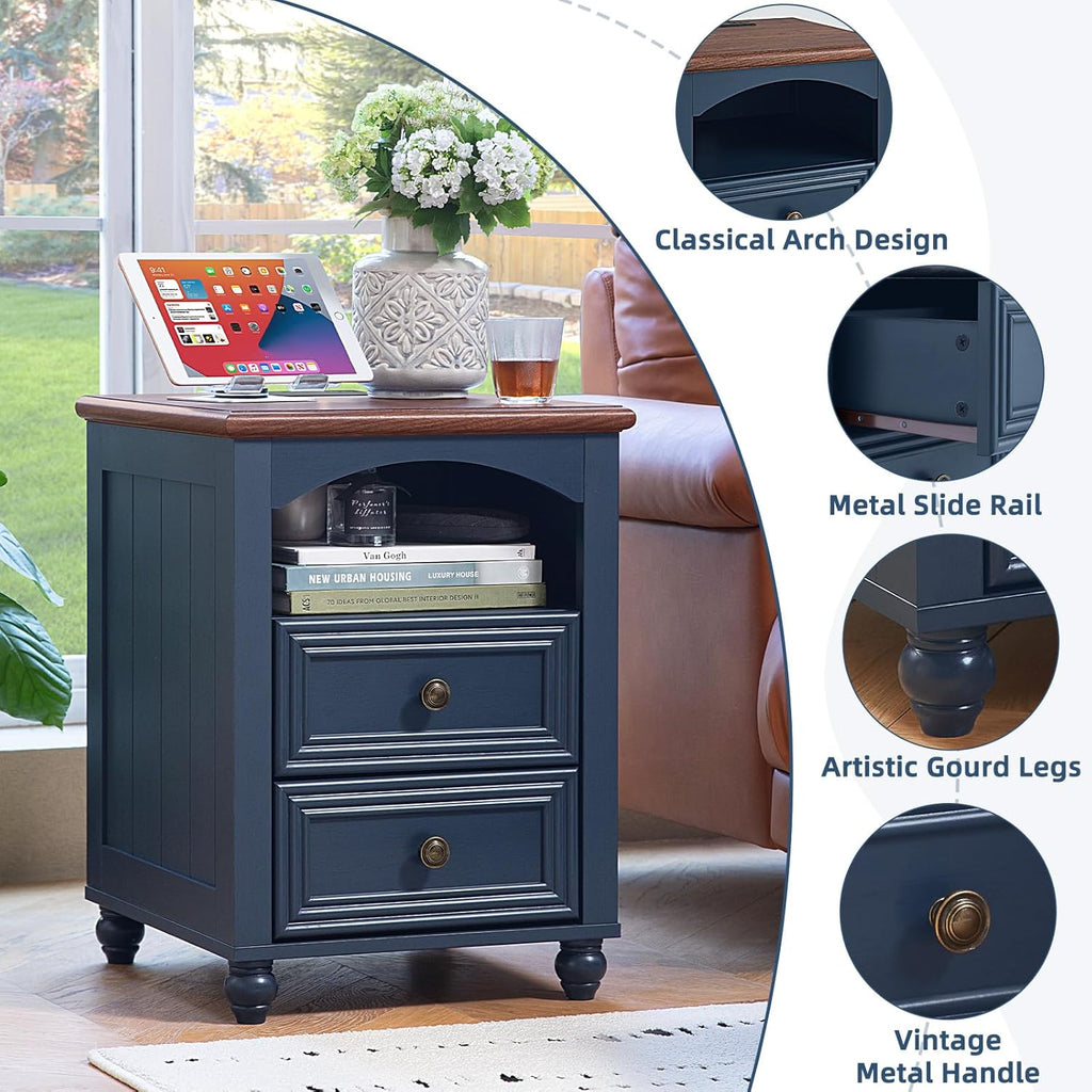 RWYHG 18' Farmhouse Night Stand Set of 2 with Charging Station, Wood Blue Nightstand with 2 Drawers, Bedside End Table with Shelf Storage, Bed Side Tables for Bedroom, Living Room, and Closet