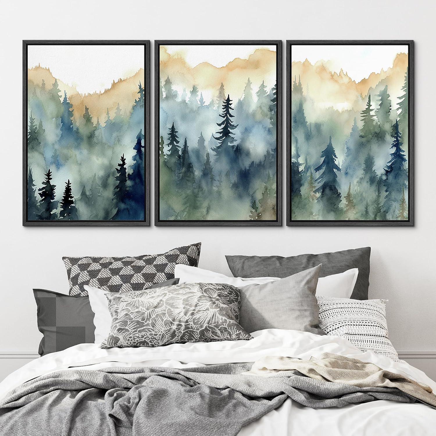 MUDECOR Framed Canvas Print Wall Art Set Pastel Watercolor Pine Tree Forest Nature Wilderness Illustrations Modern Decorative Floral Botanical Minimal Calm/Relax/Cozy for Bedroom - 24'x36'x3 Black