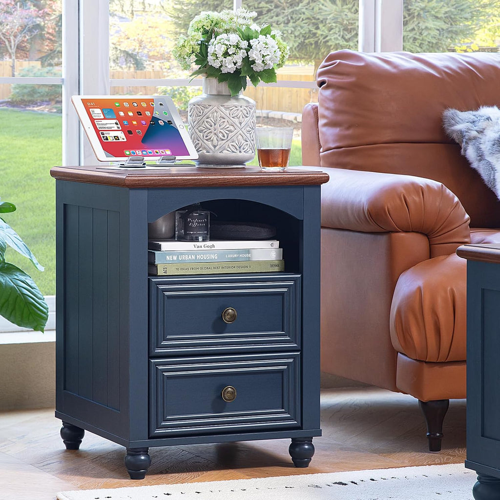 RWYHG 18' Farmhouse Night Stand Set of 2 with Charging Station, Wood Blue Nightstand with 2 Drawers, Bedside End Table with Shelf Storage, Bed Side Tables for Bedroom, Living Room, and Closet