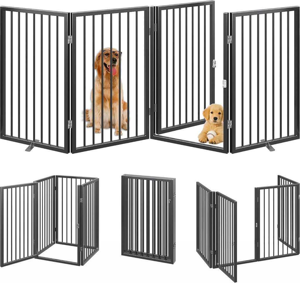 Vantas Folding No-Assembly Metal Pet Gate 80' Wide, 32' Extra Tall Dog Gate with Door Walk Through, Freestanding Accordion Puppy Gate Dog Door for Indoor & Outdoor, with 2PCS Support - Black