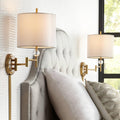 Possini Euro Design Kohle Modern Swing Arm Wall Lamps Set of 2 Polished Brass Plug-in Light Fixture Sheer White Double Drum Fabric Shade for Bedroom Bedside Reading Living Room Home Hallway Dining