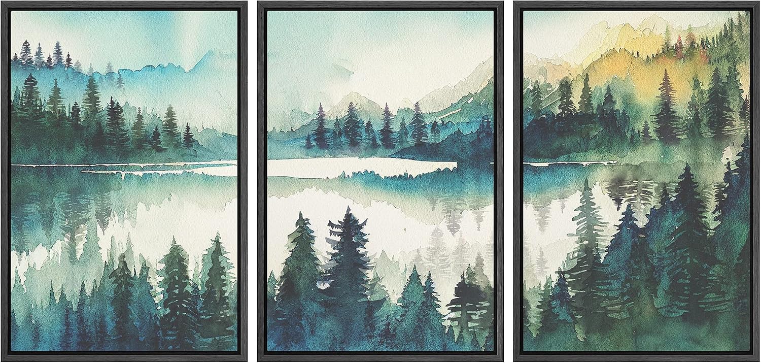 MUDECOR Framed Canvas Print Wall Art Set Watercolor Teal Emerald Green Mountain Range Forest Nature Wilderness Illustrations Modern Art Floral Cozy for Living Room, Bedroom, Office - 24'x36'x3 Black