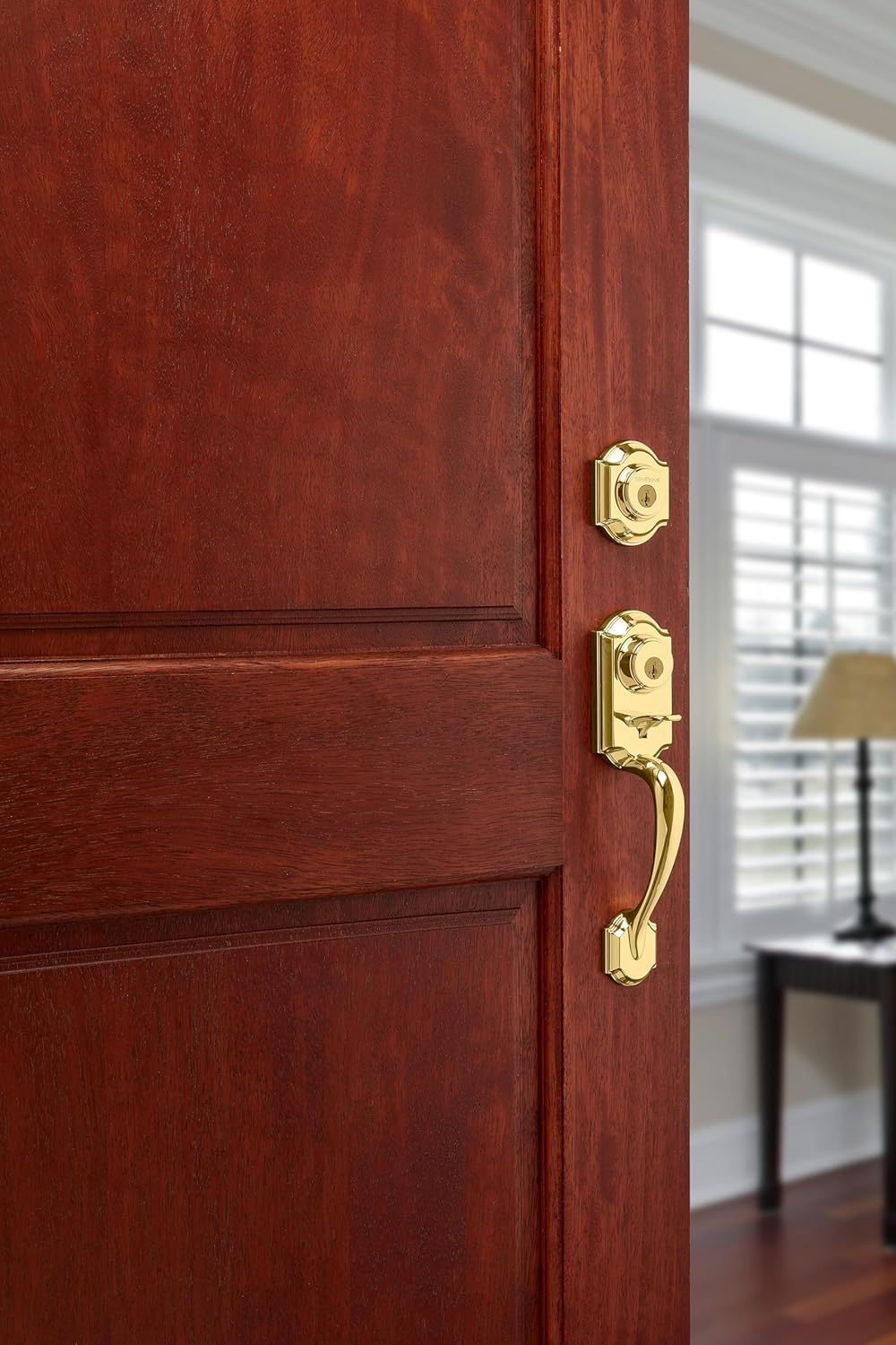 Kwikset Montara Front Door Lock Handle and Deadbolt Set, Entry Handleset Exterior with Interior Door Knob, Polished Brass, Pick Resistant SmartKey Rekey Deadbolt Security
