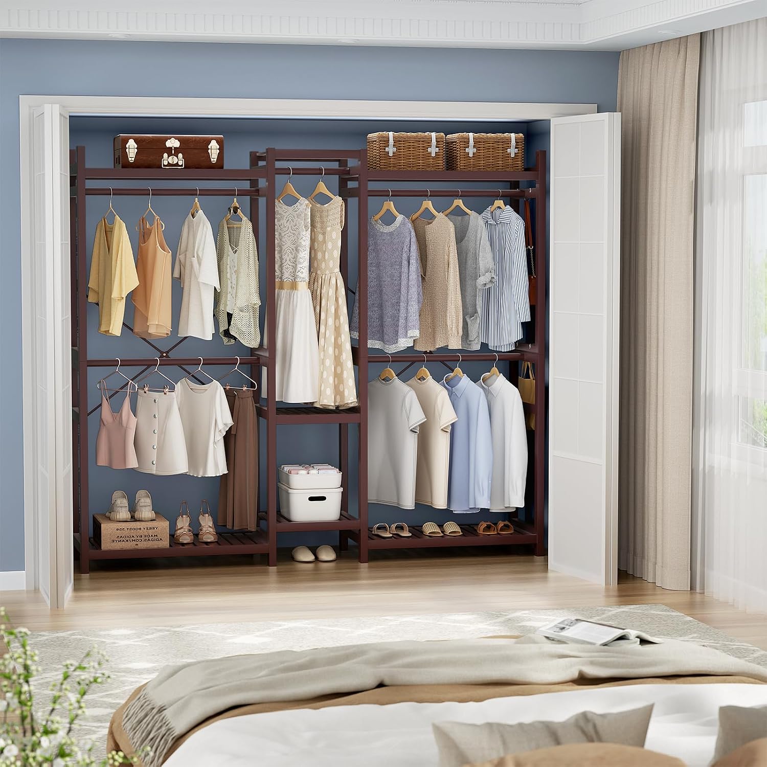 Homykic Bamboo Closet System Clothes Rack, Large Freestanding Garment Rack Clothing Rack for Hanging Clothes with 7 Storage Shelves and 5 Rods, Open Wardrobe Organizer with 4 Hooks, Espresso