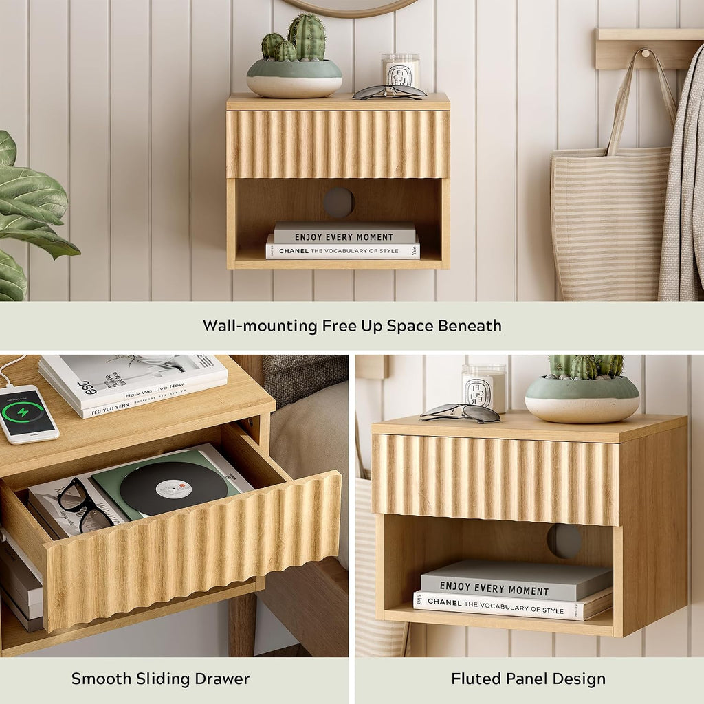 EYYTHUNG Small Floating Nightstand Set of 2, Modern Fluted Night Stand with Drawer and Open Storage Shelf Wall Mounted Bedside Tables Natural Oak