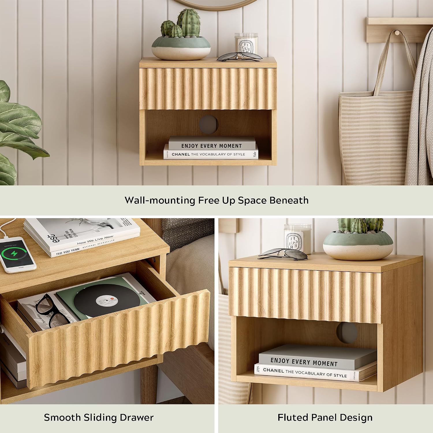 EYYTHUNG Small Floating Nightstand Set of 2, Modern Fluted Night Stand with Drawer and Open Storage Shelf Wall Mounted Bedside Tables Natural Oak