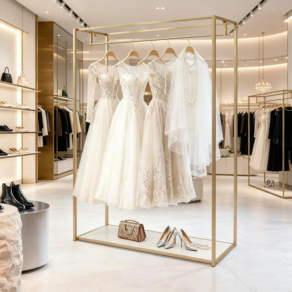 76' Tall Gold Clothing Garment Rack Boutique Retail Display Stand | Heavy Duty Clothes Wedding Dressr Racks for Hanging Long Dresses, Closet Wardrobe Shoes Bags Hats Clothes Organizer