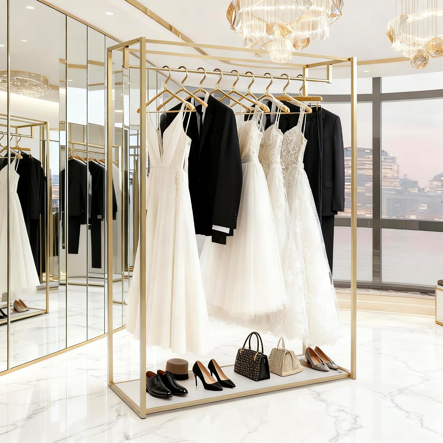 76' Tall Gold Clothing Garment Rack Boutique Retail Display Stand | Heavy Duty Clothes Wedding Dressr Racks for Hanging Long Dresses, Closet Wardrobe Shoes Bags Hats Clothes Organizer