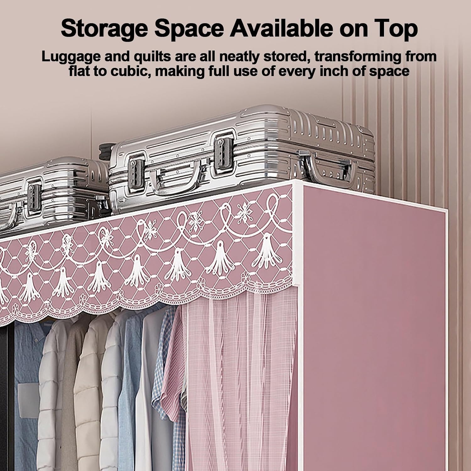 Foldable Closet Wardrobe, Heavy Duty Portable Metal Clothing Rack With Cover, Closet Organizer, Freestanding Armoire Storage Garment Racks For Hanging Clothes(A,105cm/41.3in)