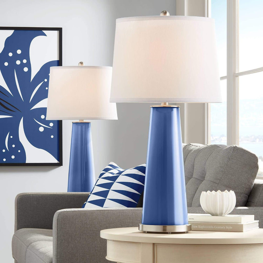 Color + Plus Leo Modern Table Lamps 29 1/2' Tall Set of 2 Monaco Blue Glass Tapered Column Plain White Drum Shade Decor for Bedroom Living Room House Home Bedside Nightstand Office Family