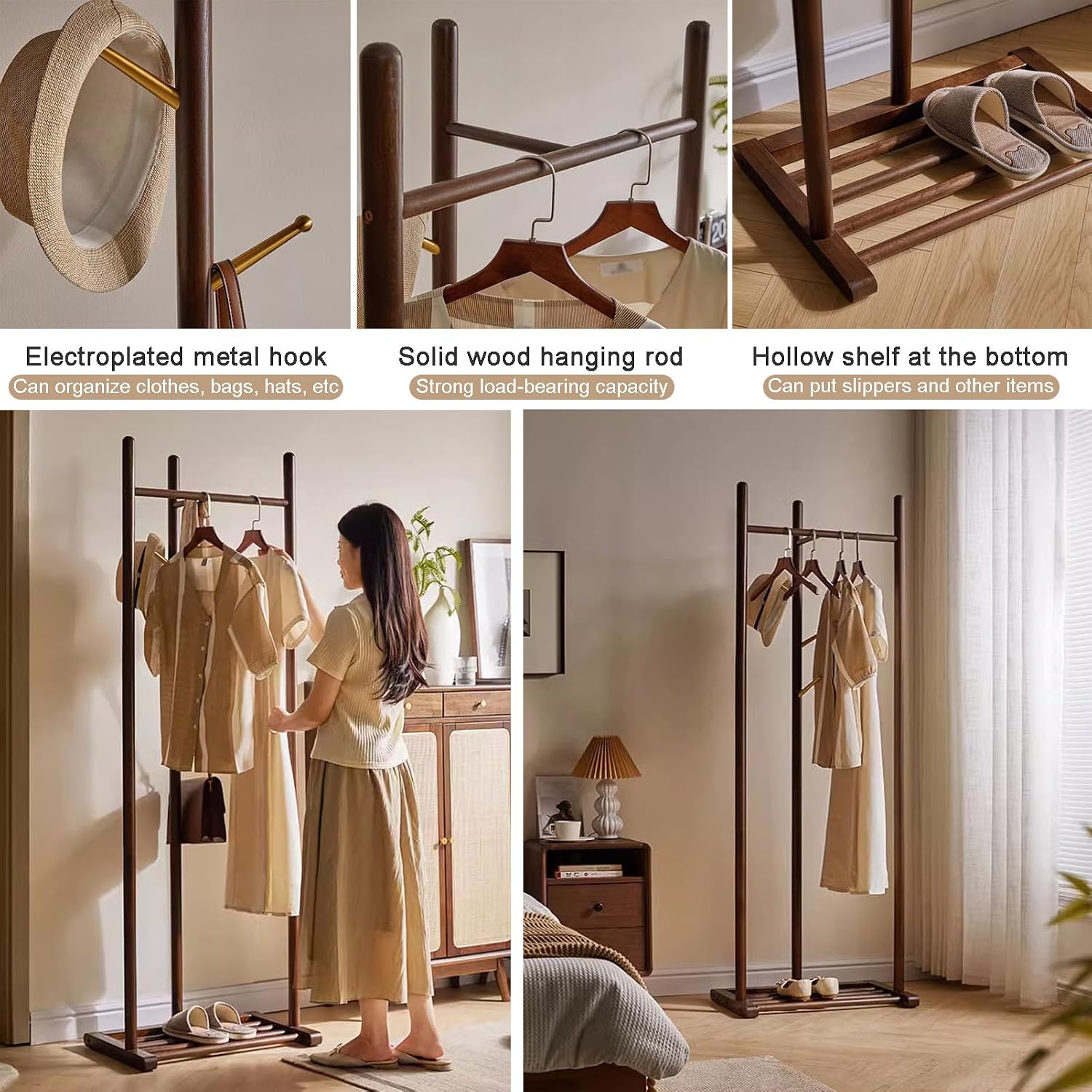 Bamboo Garment Rack, Sturdy Clothing Rack for Hanging Clothes, Clothing Organizer Hat Tree with Storage Shelves and Hanging Hooks, Suitable for Bedroom, Office, Living Room