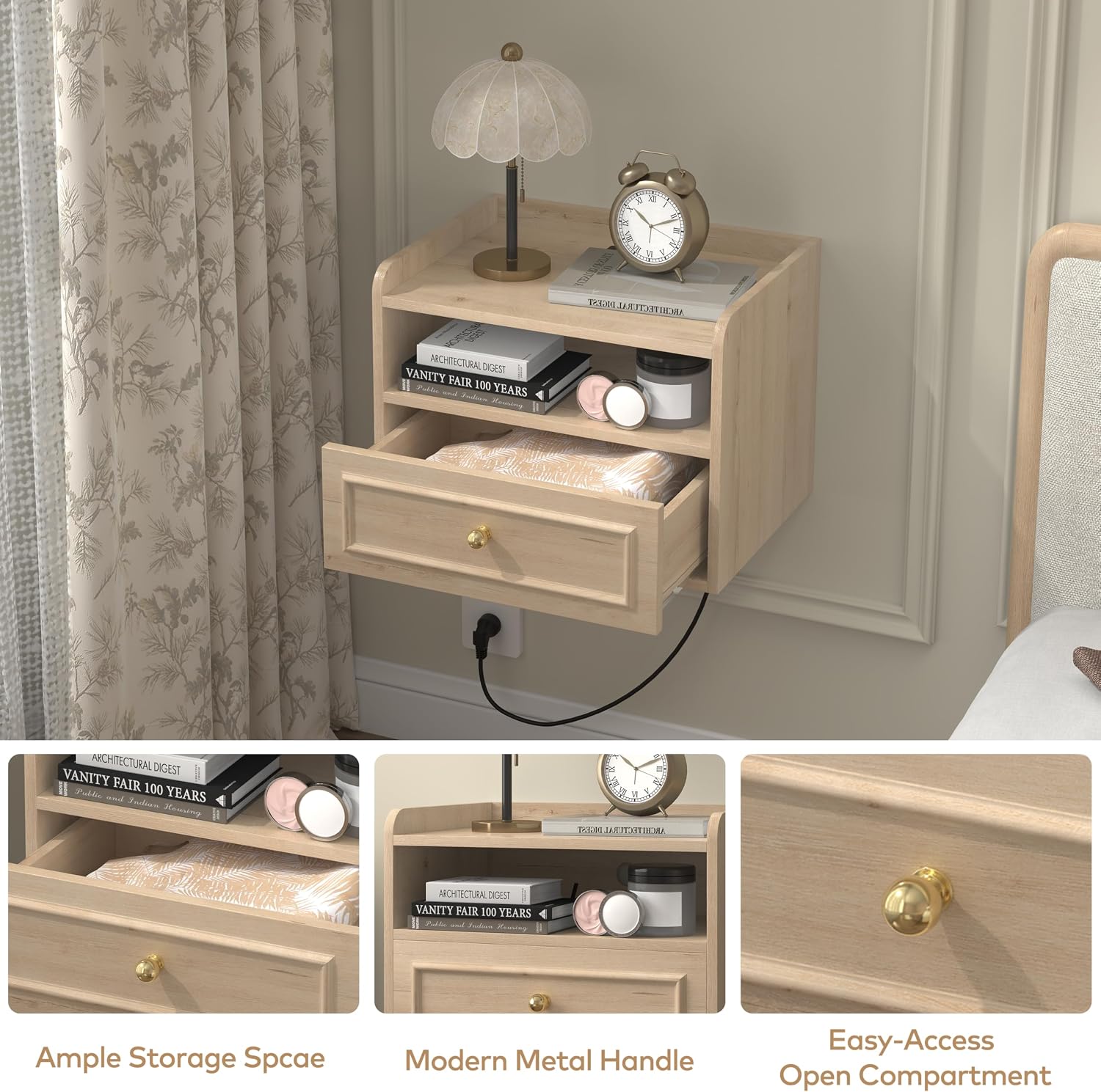 Floating Nightstand with Charging Station Set of 2, Modern Wall Mounted Bedside Tables with Drawer & Open Shelf, Modern Hanging Table with USB & Type C Ports for Bedroom, Small Spaces (White Oak)