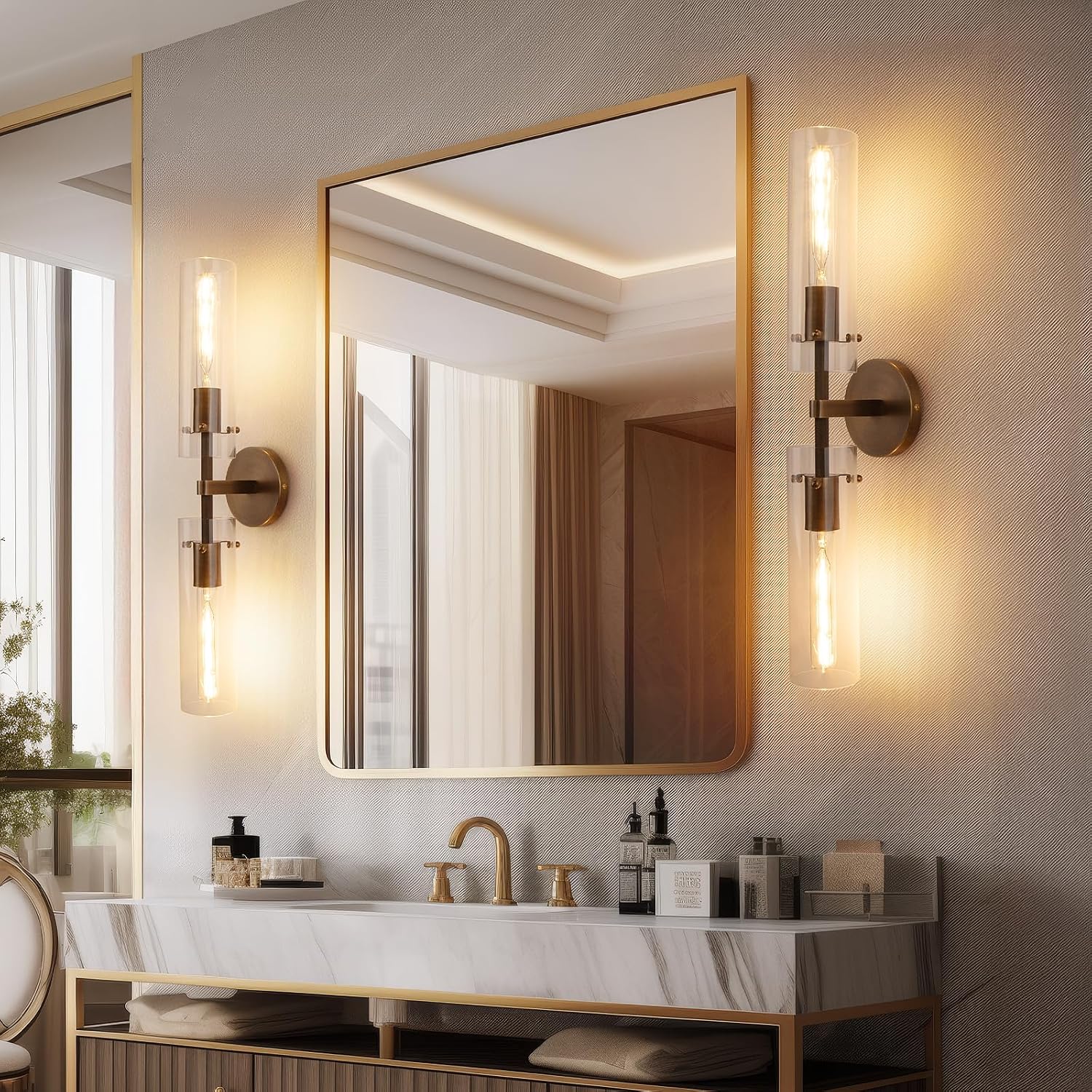 Brass Bronze 2-Light Knurled Wall Sconce, Dual-Head Vanity Lamp with Clear Glass Tube, Bathroom Wall Sconces, Wall Lights for Living Room Bedroom Hallway Kitchen Bathroom Mirror