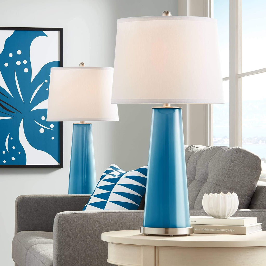 Color + Plus Leo 29 1/2' Tall Cylinder Modern Coastal End Table Lamps Set of 2 Mykonos Blue Brushed Nickel Finish Glass White Shade Living Room Bedroom Bedside Nightstand House Office Home Reading